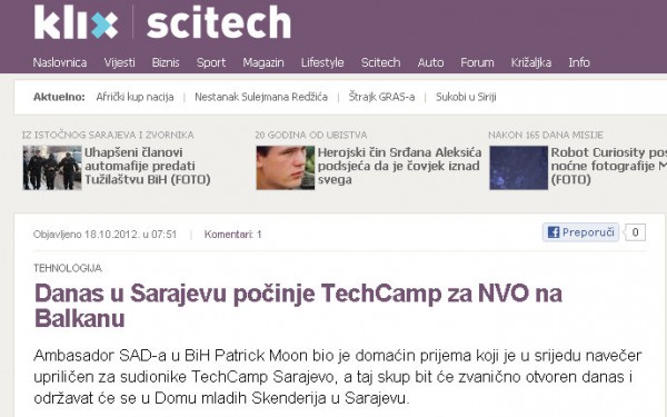 Klix.ba: Today in Sarajevo begins TechCamp for NGOs in the Balkans