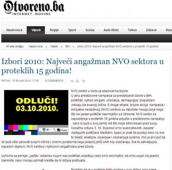 otvoreno.ba – Elections 2010: The biggest engagement of the NGO sector in the past 15 years!