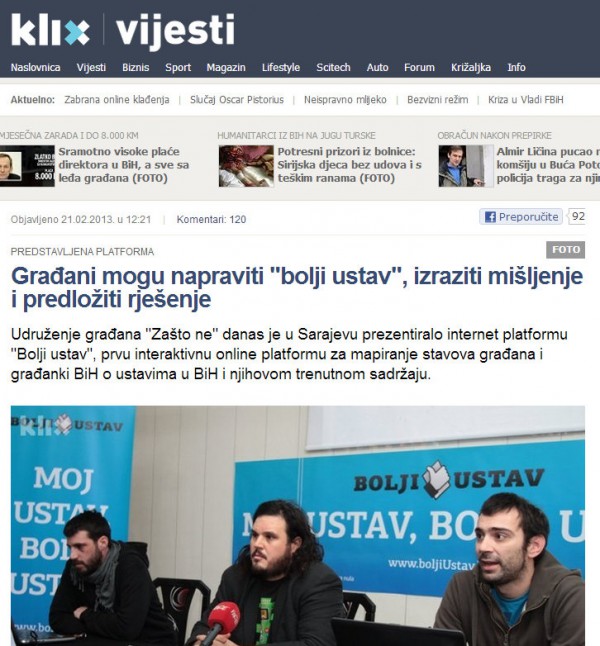 Klix.ba: Citizens can make a “better constitution”, to express opinions and propose a solution