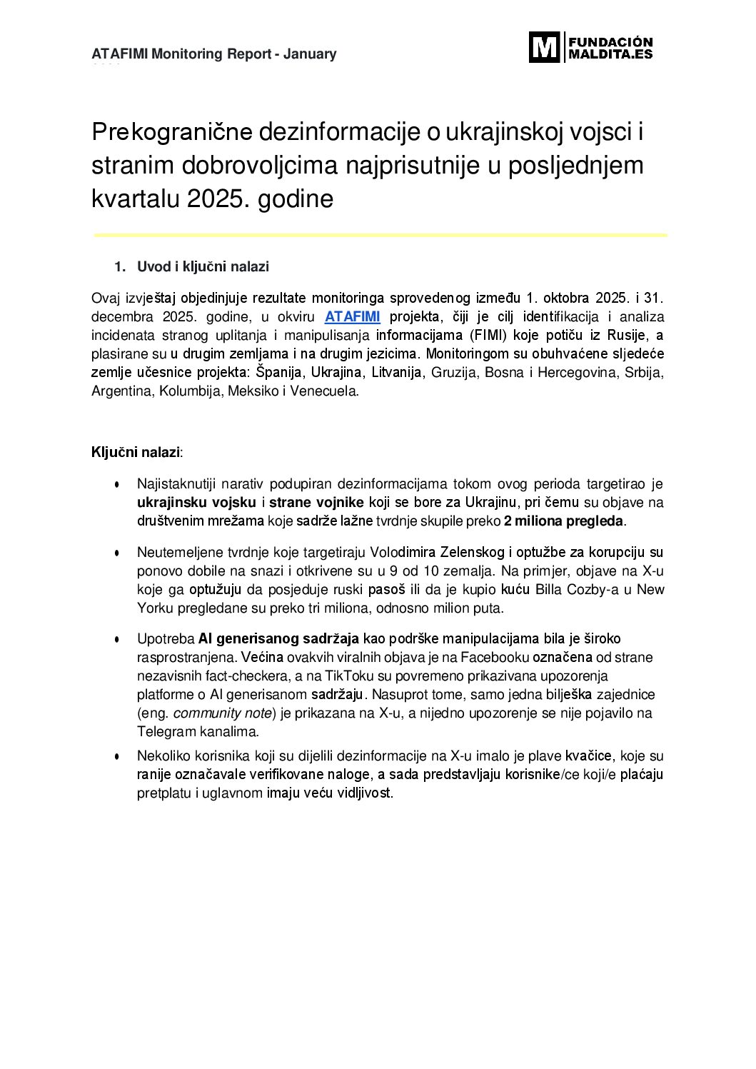 Prekogranične dezinformacije o ukrajinskoj vojsci i  stranim dobrovoljcima najprisutnije u posljednjem  kvartalu 2025. godine